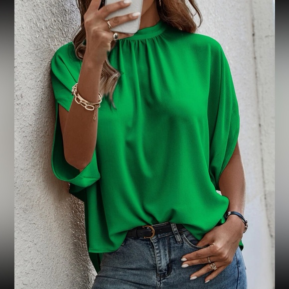 Boho Oversized Loose Fit Mock Neck Batwing Sleeve Top Blouse Shirt Green - Picture 3 of 5